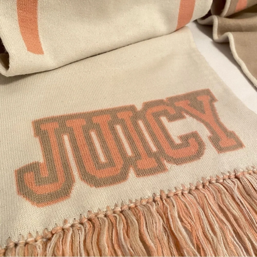 Juicy Couture Oversized Reversible School of Couture Scarf Peach/ Ivory/ Beige - Picture 3 of 15